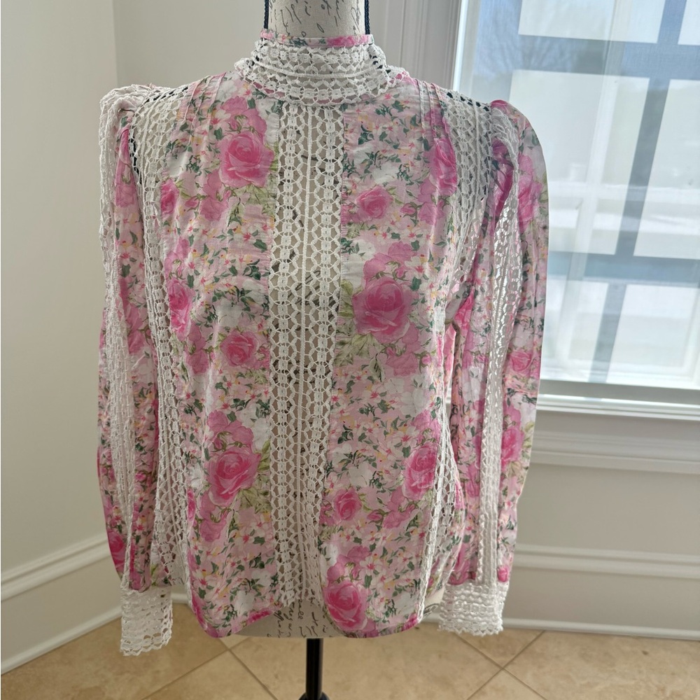 LoveShackFancy Pink Ruffled Long Sleeve Blouse